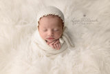 Lace edge NB bonnet alpaca with matching wrap cream or brown Newborn Baby photo props knitted ties