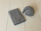 Grey textured fabric wrap, sleepy hat and knot headband RTS soft stretch jersey fabric newborn photo prop