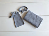 Grey textured fabric wrap, sleepy hat and knot headband RTS soft stretch jersey fabric newborn photo prop