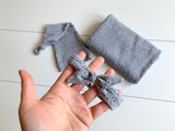 Grey textured fabric wrap, sleepy hat and knot headband RTS soft stretch jersey fabric newborn photo prop