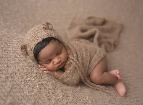 Knit alpaca bear bonnet and matching alpaca wrap Newborn photo prop preorder 29 colours