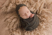 Long or extra long knit wrap and wooden beaded bonnet set, Newborn photo prop