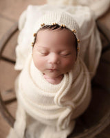 Long or extra long knit wrap and wooden beaded bonnet set, Newborn photo prop