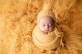 Newborn pom pom bonnet and matching chunky fluffy wrap Baby boy/girl photo prop super soft and fuzzy off white yellow sea foam denim
