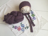 Mauve set Lace edge knitted ties bonnet in mauve with matching long knit wrap set newborn photo prop baby girl