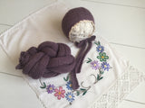 Mauve set Lace edge knitted ties bonnet in mauve with matching long knit wrap set newborn photo prop baby girl