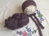 Mauve set Lace edge knitted ties bonnet in mauve with matching long knit wrap set newborn photo prop baby girl