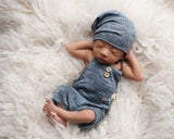 Rustic newborn romper and slouch hat melange fabrics Baby boy girl photo prop button romper overalls hat photography prop