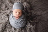 Grey textured fabric wrap, sleepy hat and knot headband RTS soft stretch jersey fabric newborn photo prop