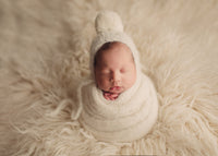 Newborn pom pom bonnet and matching chunky fluffy wrap Baby boy/girl photo prop super soft and fuzzy off white yellow sea foam denim